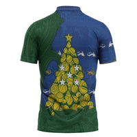 Solomon Islands Christmas Zipper Polo Shirt Seashell Xmas Tree Tribal Waves - Polynesian Pride