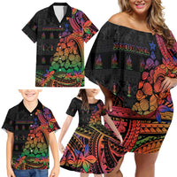 New Caledonia Christmas Family Matching Off Shoulder Short Dress and Hawaiian Shirt Seashell Xmas Tree Tribal Waves DT05 - Polynesian Pride