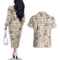 Hawaii Palaka Cowboy Couples Matching Off The Shoulder Long Sleeve Dress and Hawaiian Shirt Shell Maile Lei With Western Patterns - Polynesian Pride