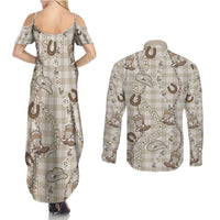 Hawaii Palaka Cowboy Couples Matching Summer Maxi Dress and Long Sleeve Button Shirt Shell Maile Lei With Western Patterns - Polynesian Pride