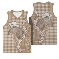 Beige Hawaii Palaka Cowboy Turtle Basketball Jersey Hawaiian Paniolo Puakenikeni Maile Lei - Polynesian Pride