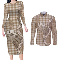 Beige Hawaii Palaka Cowboy Turtle Couples Matching Long Sleeve Bodycon Dress and Long Sleeve Button Shirt Hawaiian Paniolo Puakenikeni Maile Lei DT05 Beige - Polynesian Pride