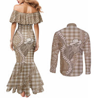 Beige Hawaii Palaka Cowboy Turtle Couples Matching Mermaid Dress and Long Sleeve Button Shirt Hawaiian Paniolo Puakenikeni Maile Lei DT05 - Polynesian Pride