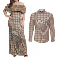 Beige Hawaii Palaka Cowboy Turtle Couples Matching Off Shoulder Maxi Dress and Long Sleeve Button Shirt Hawaiian Paniolo Puakenikeni Maile Lei DT05 Beige - Polynesian Pride