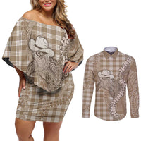 Beige Hawaii Palaka Cowboy Turtle Couples Matching Off Shoulder Short Dress and Long Sleeve Button Shirt Hawaiian Paniolo Puakenikeni Maile Lei DT05 Beige - Polynesian Pride