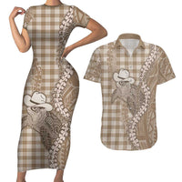 Beige Hawaii Palaka Cowboy Turtle Couples Matching Short Sleeve Bodycon Dress and Hawaiian Shirt Hawaiian Paniolo Puakenikeni Maile Lei DT05 Beige - Polynesian Pride