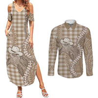 Beige Hawaii Palaka Cowboy Turtle Couples Matching Summer Maxi Dress and Long Sleeve Button Shirt Hawaiian Paniolo Puakenikeni Maile Lei DT05 Beige - Polynesian Pride