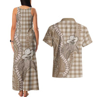 Beige Hawaii Palaka Cowboy Turtle Couples Matching Tank Maxi Dress and Hawaiian Shirt Hawaiian Paniolo Puakenikeni Maile Lei DT05 - Polynesian Pride