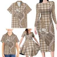 Beige Hawaii Palaka Cowboy Turtle Family Matching Long Sleeve Bodycon Dress and Hawaiian Shirt Hawaiian Paniolo Puakenikeni Maile Lei DT05 - Polynesian Pride