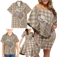 Beige Hawaii Palaka Cowboy Turtle Family Matching Off Shoulder Short Dress and Hawaiian Shirt Hawaiian Paniolo Puakenikeni Maile Lei DT05 - Polynesian Pride