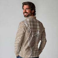 Beige Hawaii Palaka Cowboy Turtle Long Sleeve Polo Shirt Hawaiian Paniolo Puakenikeni Maile Lei DT05 - Polynesian Pride