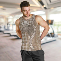 Beige Hawaii Palaka Cowboy Turtle Men Tank Top Hawaiian Paniolo Puakenikeni Maile Lei - Polynesian Pride
