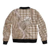 Beige Hawaii Palaka Cowboy Turtle Sleeve Zip Bomber Jacket Hawaiian Paniolo Puakenikeni Maile Lei - Polynesian Pride