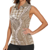 Beige Hawaii Palaka Cowboy Turtle Women Sleeveless Polo Shirt Hawaiian Paniolo Puakenikeni Maile Lei DT05 - Polynesian Pride