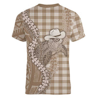 Beige Hawaii Palaka Cowboy Turtle Women V-Neck T-Shirt Hawaiian Paniolo Puakenikeni Maile Lei DT05 - Polynesian Pride