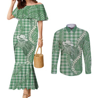 Green Hawaii Palaka Cowboy Turtle Couples Matching Mermaid Dress and Long Sleeve Button Shirt Hawaiian Paniolo Puakenikeni Maile Lei DT05 Green - Polynesian Pride