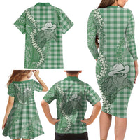 Green Hawaii Palaka Cowboy Turtle Family Matching Long Sleeve Bodycon Dress and Hawaiian Shirt Hawaiian Paniolo Puakenikeni Maile Lei DT05 - Polynesian Pride