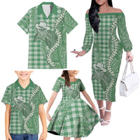Green Hawaii Palaka Cowboy Turtle Family Matching Off The Shoulder Long Sleeve Dress and Hawaiian Shirt Hawaiian Paniolo Puakenikeni Maile Lei DT05 - Polynesian Pride