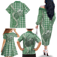 Green Hawaii Palaka Cowboy Turtle Family Matching Off The Shoulder Long Sleeve Dress and Hawaiian Shirt Hawaiian Paniolo Puakenikeni Maile Lei DT05 - Polynesian Pride