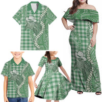 Green Hawaii Palaka Cowboy Turtle Family Matching Off Shoulder Maxi Dress and Hawaiian Shirt Hawaiian Paniolo Puakenikeni Maile Lei DT05 - Polynesian Pride