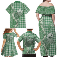 Green Hawaii Palaka Cowboy Turtle Family Matching Off Shoulder Maxi Dress and Hawaiian Shirt Hawaiian Paniolo Puakenikeni Maile Lei DT05 - Polynesian Pride