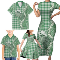 Green Hawaii Palaka Cowboy Turtle Family Matching Short Sleeve Bodycon Dress and Hawaiian Shirt Hawaiian Paniolo Puakenikeni Maile Lei DT05 - Polynesian Pride
