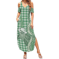 Green Hawaii Palaka Cowboy Turtle Family Matching Summer Maxi Dress and Hawaiian Shirt Hawaiian Paniolo Puakenikeni Maile Lei DT05 Mom's Dress Green - Polynesian Pride