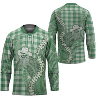 Green Hawaii Palaka Cowboy Turtle Hockey Jersey Hawaiian Paniolo Puakenikeni Maile Lei - Polynesian Pride