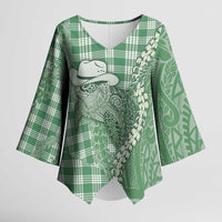 Green Hawaii Palaka Cowboy Turtle Kimono Sleeve Blouse Hawaiian Paniolo Puakenikeni Maile Lei DT05 Female Green - Polynesian Pride