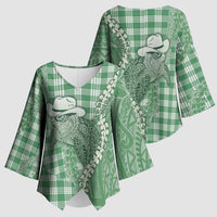 Green Hawaii Palaka Cowboy Turtle Kimono Sleeve Blouse Hawaiian Paniolo Puakenikeni Maile Lei DT05 - Polynesian Pride