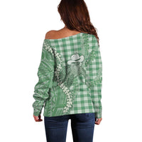 Green Hawaii Palaka Cowboy Turtle Off Shoulder Sweater Hawaiian Paniolo Puakenikeni Maile Lei - Polynesian Pride