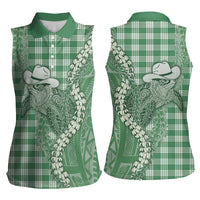 Green Hawaii Palaka Cowboy Turtle Women Sleeveless Polo Shirt Hawaiian Paniolo Puakenikeni Maile Lei DT05 - Polynesian Pride