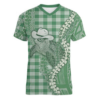 Green Hawaii Palaka Cowboy Turtle Women V-Neck T-Shirt Hawaiian Paniolo Puakenikeni Maile Lei DT05 Female Green - Polynesian Pride