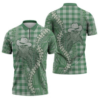 Green Hawaii Palaka Cowboy Turtle Zipper Polo Shirt Hawaiian Paniolo Puakenikeni Maile Lei DT05 - Polynesian Pride