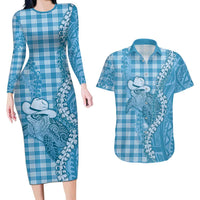 Blue Hawaii Palaka Cowboy Turtle Couples Matching Long Sleeve Bodycon Dress and Hawaiian Shirt Hawaiian Paniolo Puakenikeni Maile Lei DT05 Blue - Polynesian Pride