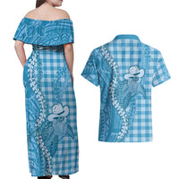 Blue Hawaii Palaka Cowboy Turtle Couples Matching Off Shoulder Maxi Dress and Hawaiian Shirt Hawaiian Paniolo Puakenikeni Maile Lei DT05 - Polynesian Pride