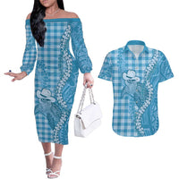 Blue Hawaii Palaka Cowboy Turtle Couples Matching Off The Shoulder Long Sleeve Dress and Hawaiian Shirt Hawaiian Paniolo Puakenikeni Maile Lei DT05 Blue - Polynesian Pride
