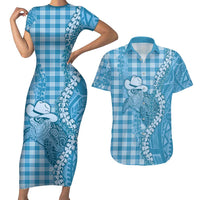 Blue Hawaii Palaka Cowboy Turtle Couples Matching Short Sleeve Bodycon Dress and Hawaiian Shirt Hawaiian Paniolo Puakenikeni Maile Lei DT05 Blue - Polynesian Pride