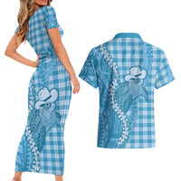 Blue Hawaii Palaka Cowboy Turtle Couples Matching Short Sleeve Bodycon Dress and Hawaiian Shirt Hawaiian Paniolo Puakenikeni Maile Lei DT05 - Polynesian Pride