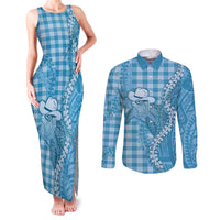 Blue Hawaii Palaka Cowboy Turtle Couples Matching Tank Maxi Dress and Long Sleeve Button Shirt Hawaiian Paniolo Puakenikeni Maile Lei DT05 Blue - Polynesian Pride