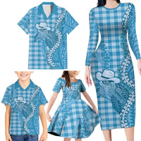 Blue Hawaii Palaka Cowboy Turtle Family Matching Long Sleeve Bodycon Dress and Hawaiian Shirt Hawaiian Paniolo Puakenikeni Maile Lei DT05 - Polynesian Pride
