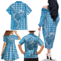 Blue Hawaii Palaka Cowboy Turtle Family Matching Off The Shoulder Long Sleeve Dress and Hawaiian Shirt Hawaiian Paniolo Puakenikeni Maile Lei DT05 - Polynesian Pride