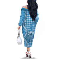 Blue Hawaii Palaka Cowboy Turtle Family Matching Off The Shoulder Long Sleeve Dress and Hawaiian Shirt Hawaiian Paniolo Puakenikeni Maile Lei DT05 - Polynesian Pride