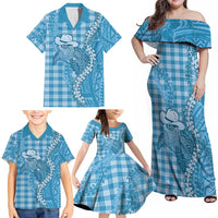 Blue Hawaii Palaka Cowboy Turtle Family Matching Off Shoulder Maxi Dress and Hawaiian Shirt Hawaiian Paniolo Puakenikeni Maile Lei DT05 - Polynesian Pride