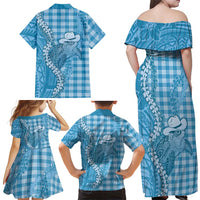 Blue Hawaii Palaka Cowboy Turtle Family Matching Off Shoulder Maxi Dress and Hawaiian Shirt Hawaiian Paniolo Puakenikeni Maile Lei DT05 - Polynesian Pride
