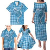 Blue Hawaii Palaka Cowboy Turtle Family Matching Puletasi and Hawaiian Shirt Hawaiian Paniolo Puakenikeni Maile Lei DT05 - Polynesian Pride