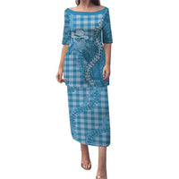 Blue Hawaii Palaka Cowboy Turtle Family Matching Puletasi and Hawaiian Shirt Hawaiian Paniolo Puakenikeni Maile Lei DT05 Mom's Dress Blue - Polynesian Pride