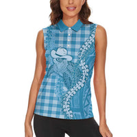 Blue Hawaii Palaka Cowboy Turtle Women Sleeveless Polo Shirt Hawaiian Paniolo Puakenikeni Maile Lei DT05 - Polynesian Pride