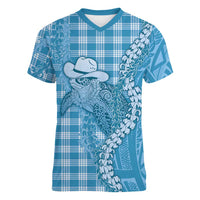 Blue Hawaii Palaka Cowboy Turtle Women V-Neck T-Shirt Hawaiian Paniolo Puakenikeni Maile Lei DT05 Female Blue - Polynesian Pride
