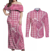 Pink Hawaii Palaka Cowboy Turtle Couples Matching Off Shoulder Maxi Dress and Long Sleeve Button Shirt Hawaiian Paniolo Puakenikeni Maile Lei DT05 Pink - Polynesian Pride